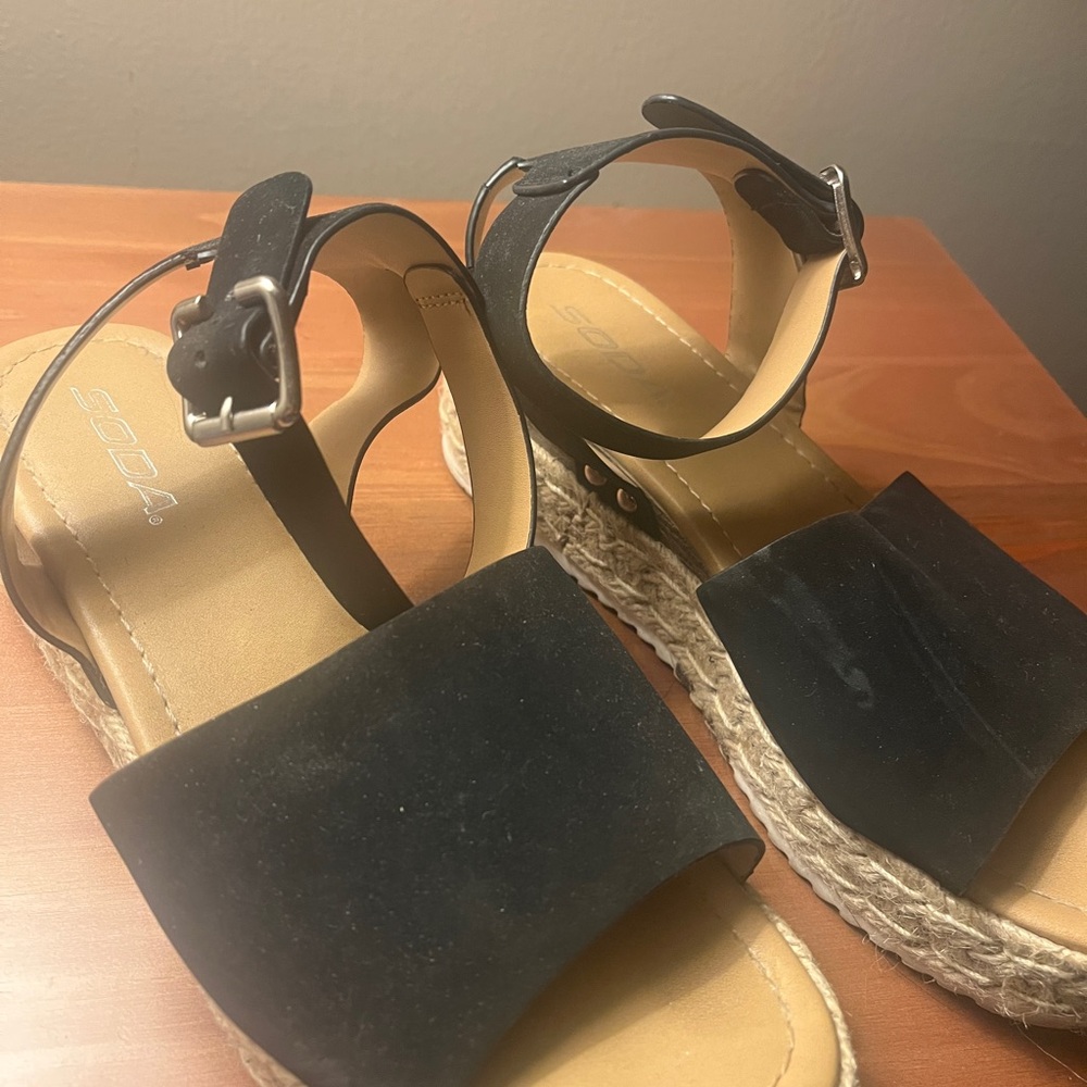 Soda Black Espadrille Platform Sandals with Ankle Buckle
